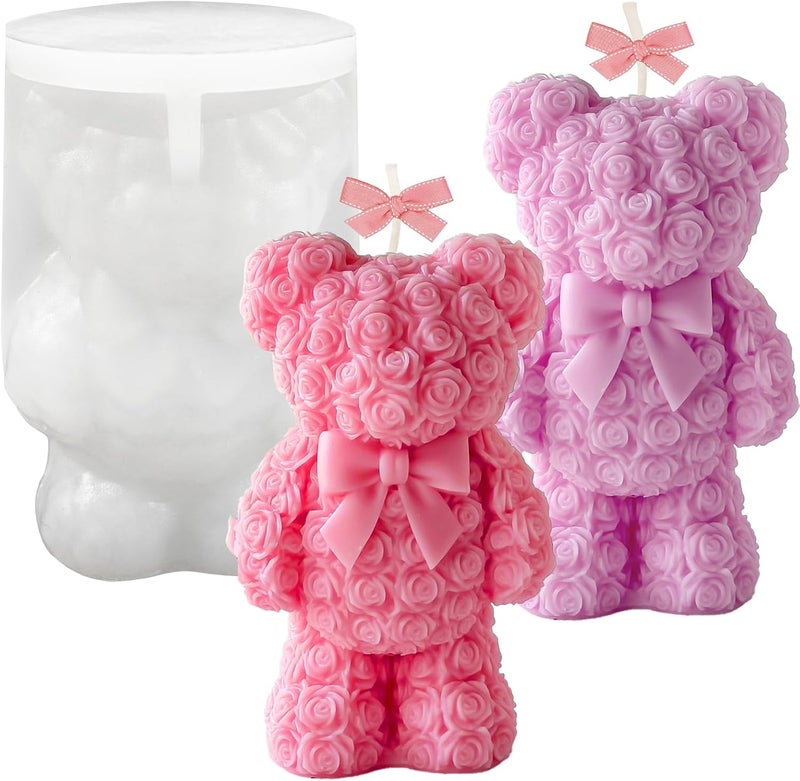 ZQYSING Standing Rose Bear Silicone Molds, 3D Cute Rose Bear Molds for Soap Candles Wax Epoxy Resin Casting Home Decor Valentine/Mother' Day/Wedding/Anniversary/Birthday Gifts - Image 1